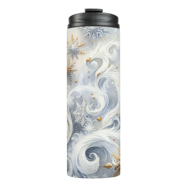 WEISSE BLAUE GOLD SILVER ABSTRAKTE WINTERSCHNEE THERMOSBECHER (Vorderseite)