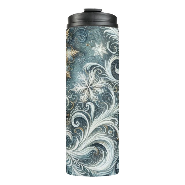 WEISSE BLAUE GOLD SILVER ABSTRAKTE WINTERSCHNEE THERMOSBECHER (Vorderseite)