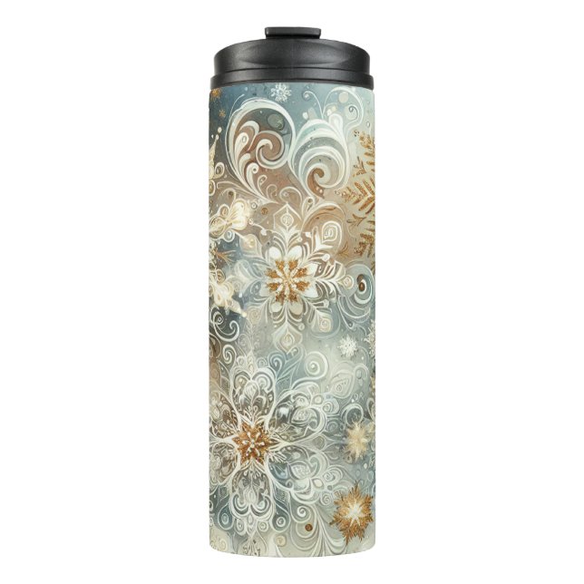 WEISSE BLAUE GOLD SILVER ABSTRAKTE WINTERSCHNEE THERMOSBECHER (Vorderseite)