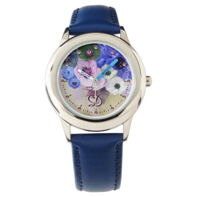 WEISSE BLAUE ROSE, ANEMONMONOGRAMM BLUME ARMBANDUHR (Vorderseite)