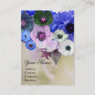 WEIßE BLAUE ROSEN UND ANEMONENBLUMEN MONOGRAMM VISITENKARTE