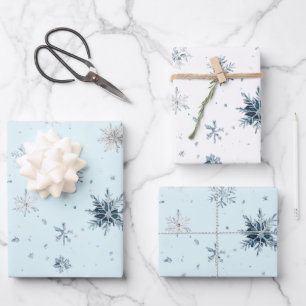 Weiße blaue Schneeflocken Weihnachten Geschenkpapier Set