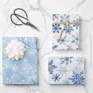 Weiße Blaue Schneeflocken Winter Weihnachten Geschenkpapier Set