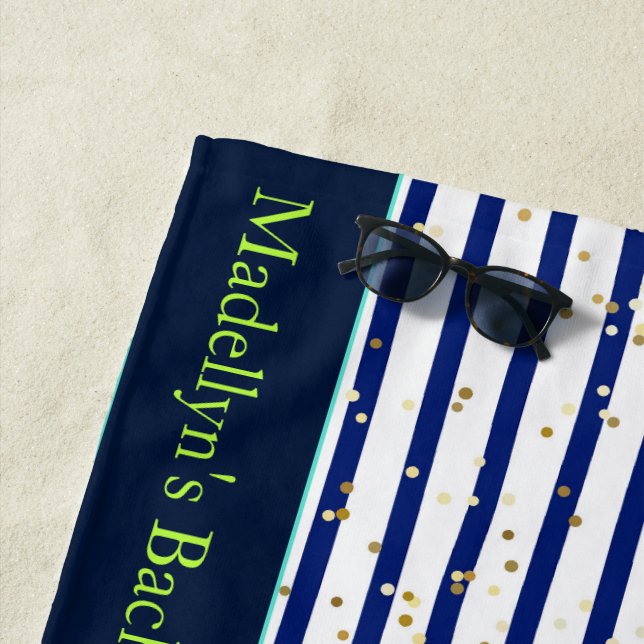 Weiße blaue Streifen Hochzeitmoderne Monogramm Strandtuch (Beispiel)