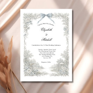 Weiße blaue Toile Blumige Kokette Schleife Elegant Einladung