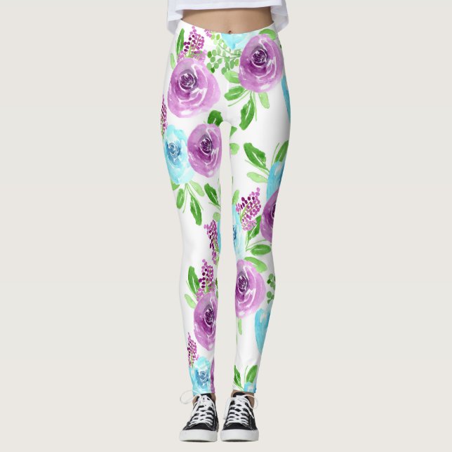 Weiße blaue und lila Blume Leggings (Vorderseite)