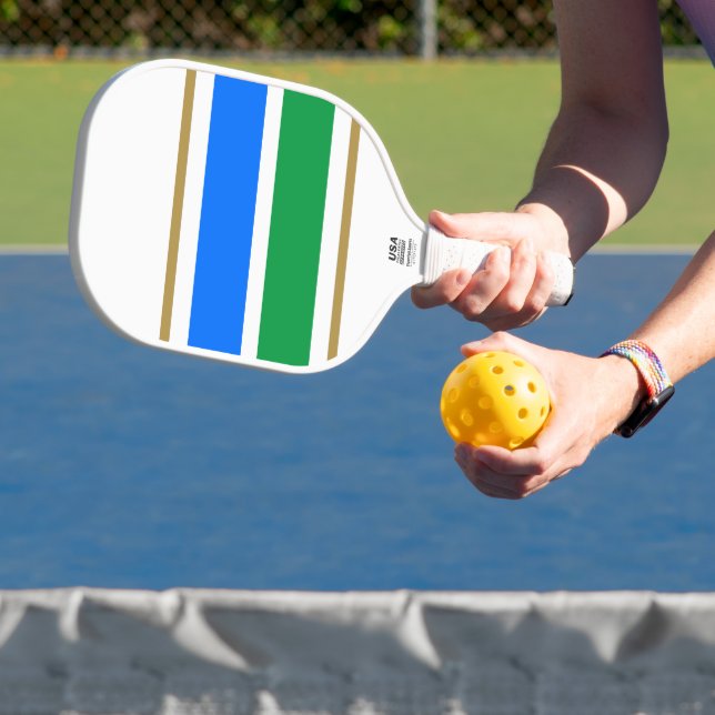 Weiße blaugrüne Streifen auf weißen Streifen Pickleball Schläger (InSitu)