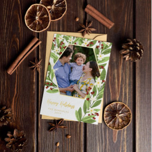 Weiße blorrote Berries Hexagon Happy Holidays Folien Feiertagskarte