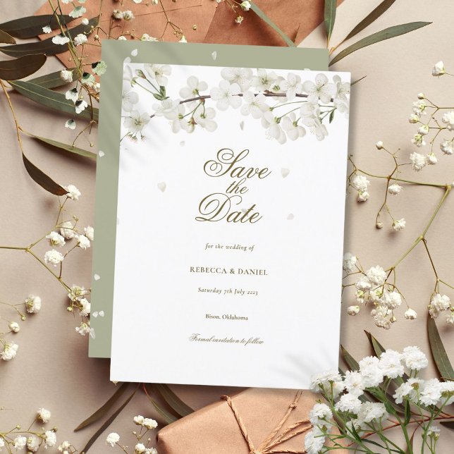 Weiße Blossom Blumenhochzeit retten das Datum Einladung (White Blossom Floral Wedding Save the Date Invitation)