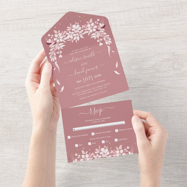 Weiße blühende Kaskadengarland staubige Rose Hochz All In One Einladung (Abreißen)