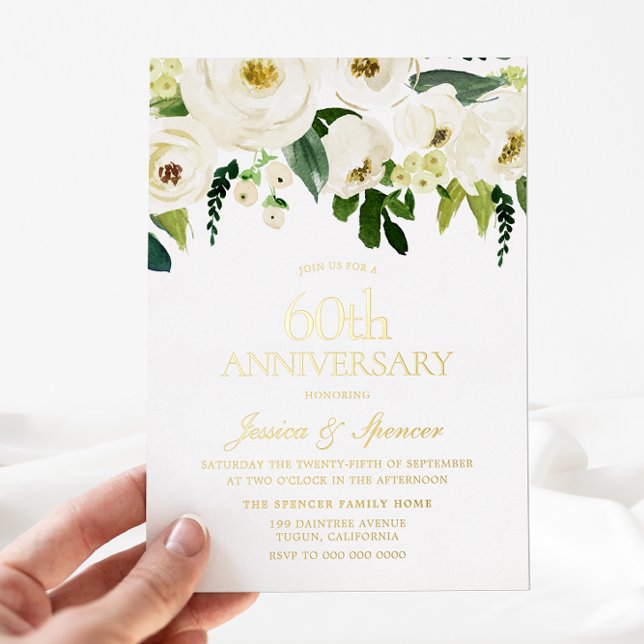 Weiße Blume 60. Hochzeitstag Golden Folieneinladung (Von Creator hochgeladen)