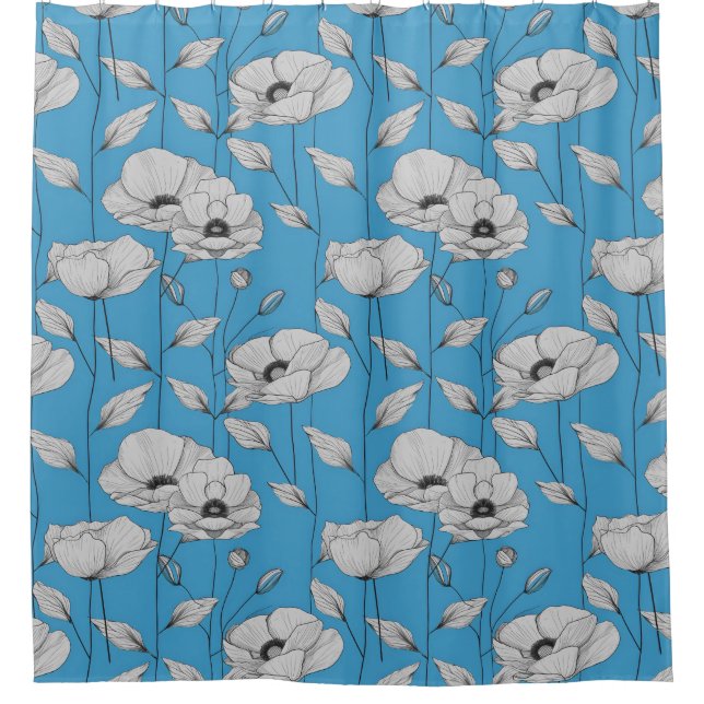 Weiße Blume auf blauem Hintergrund Duschvorhang (Vorderseite)