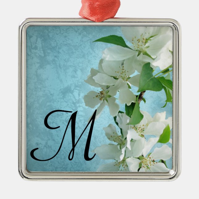 Weiße Blume auf Blue Sky Monogram Erstmalung Silbernes Ornament (Vorne)