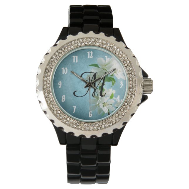 Weiße Blume auf Blue Sky Wrist Watch Armbanduhr (Vorderseite)