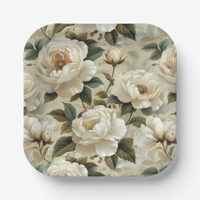 Weiße Blume auf cremefarbenem Hintergrund. Pappteller (Vorderseite)