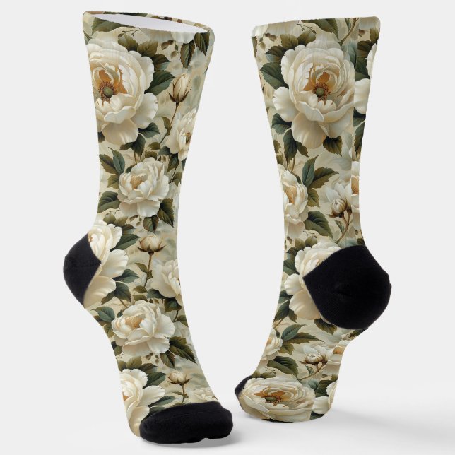 Weiße Blume auf cremefarbenem Hintergrund. Socken (Gewinkelt)