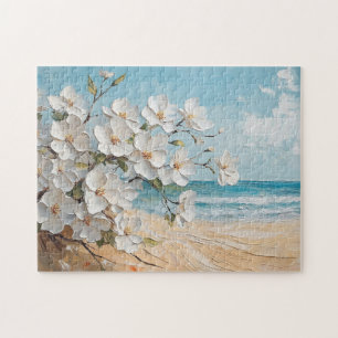 Weiße Blume auf der Ölgemälde am Strand Puzzle