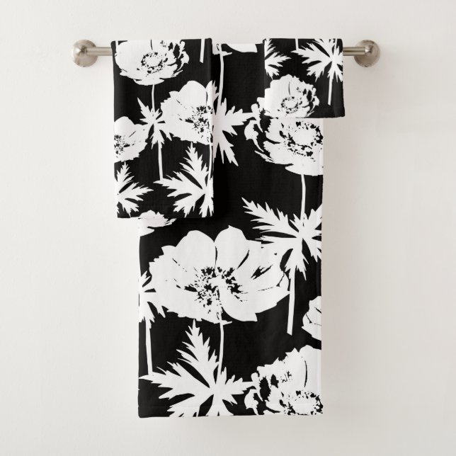 Weiße Blume auf schwarz. Badhandtuch Set (Insitu)