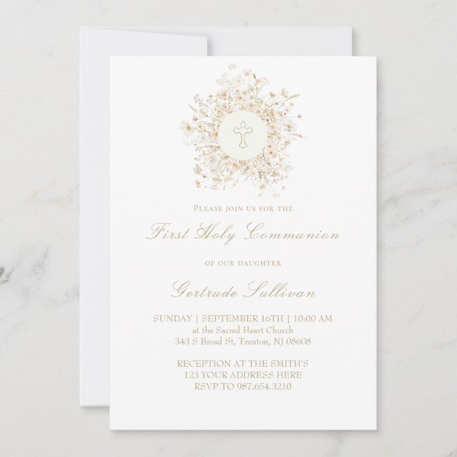 Weiße Blume bilden den Rahmen Erste Heilige Kommun Einladung (Vorderseite)