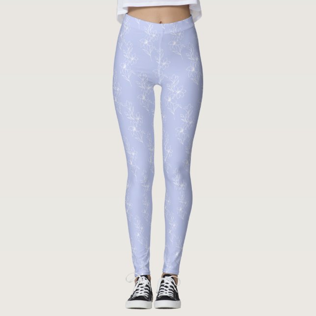 Weiße Blume Blauer Hintergrund Leggings (Vorderseite)