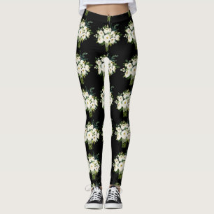 Weiße Blume Bouquet Schwarzes Muster Leggings