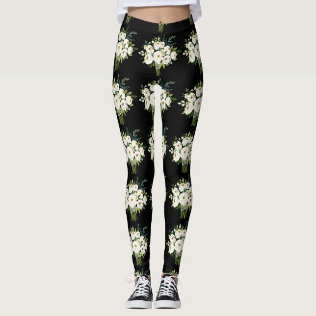Weiße Blume Bouquet Schwarzes Muster Leggings (Vorderseite)
