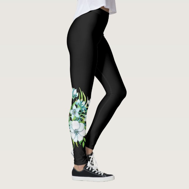 Weiße Blume Corsage Blätter Naturschwarz Leggings (Rechts)