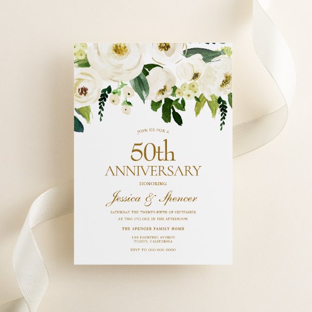 Weiße Blume & Creme 50. Hochzeitstag Einladung (Von Creator hochgeladen)