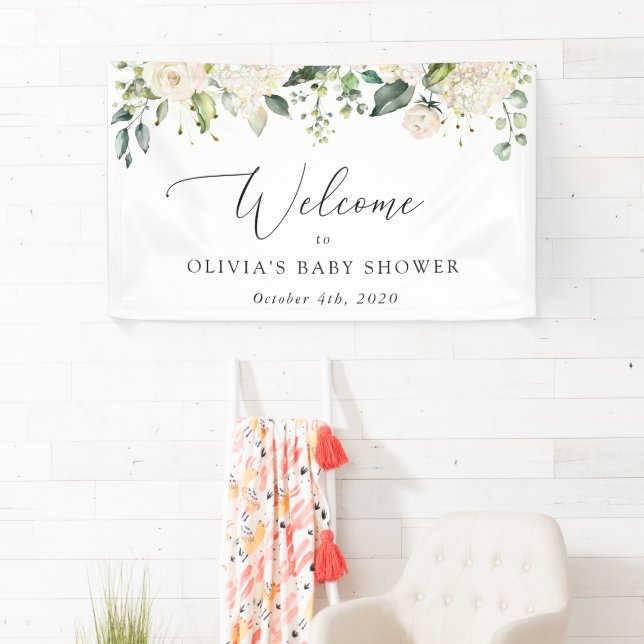 Weiße Blume, Creme-Blume, Babydusche Empfang Banner (Insitu)