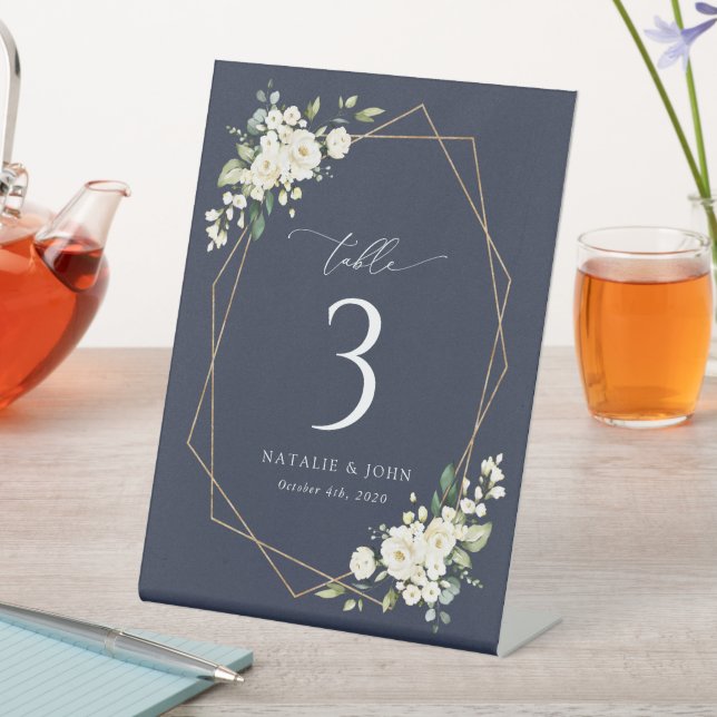 Weiße Blume, Creme-Blume, Boho, Tischnummern Sockelschild (In Situ)