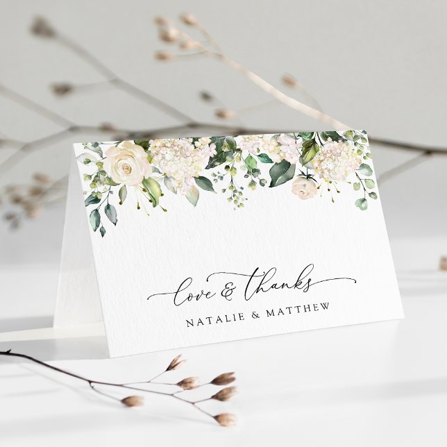 Weiße Blume, cremige Blume, Grünpflanzen, Hochzeit Dankeskarte (Von Creator hochgeladen)