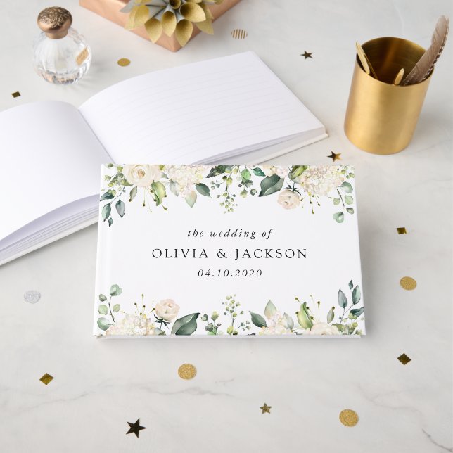 Weiße Blume, cremige Blume, Grünpflanzen, Hochzeit Gästebuch (Vorderseite Offen)
