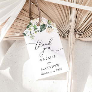 Weiße Blume, cremige Blume, Grünpflanzen, Hochzeit Geschenkanhänger