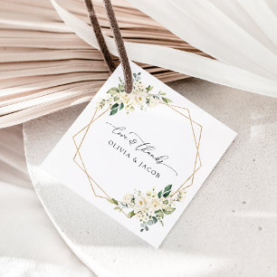 Weiße Blume, cremige Blume, Grünpflanzen, Hochzeit Geschenkanhänger