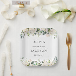 Weiße Blume, cremige Blume, Grünpflanzen, Hochzeit Pappteller