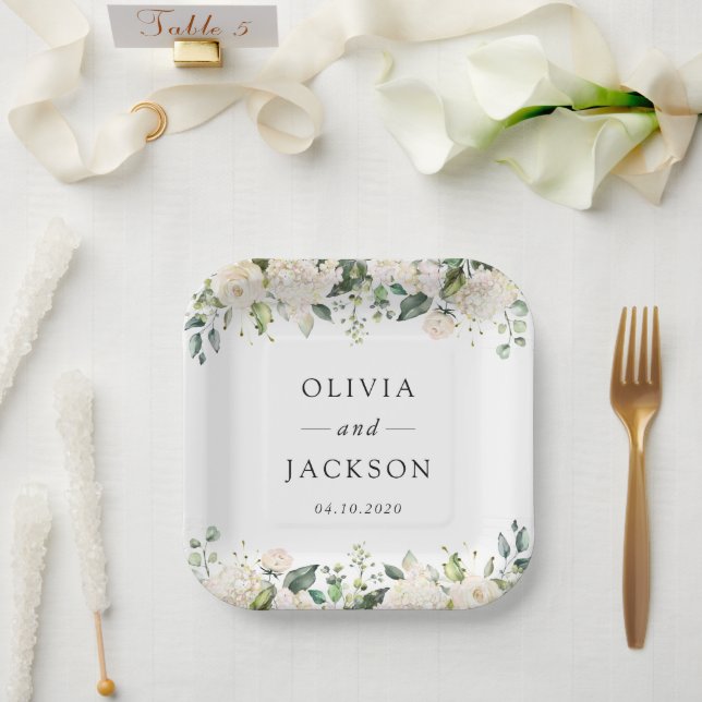 Weiße Blume, cremige Blume, Grünpflanzen, Hochzeit Pappteller (Hochzeit)