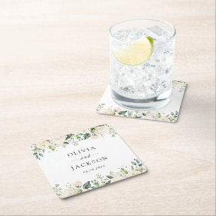 Weiße Blume, cremige Blume, Grünpflanzen, Hochzeit Rechteckiger Pappuntersetzer