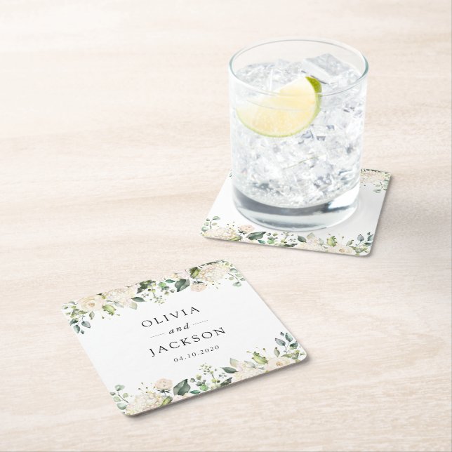 Weiße Blume, cremige Blume, Grünpflanzen, Hochzeit Rechteckiger Pappuntersetzer (Vor Ort)