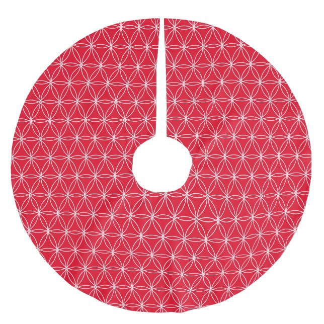 Weiße Blume des Lebensmusters auf Rot Polyester Weihnachtsbaumdecke (Vorderseite)