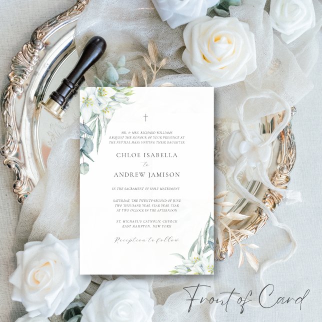 Weiße Blume & elegante Grünanlagen Katholische Hoc Einladung (The elegant Chloe Catholic wedding invitation suite has a clean, minimalist aesthetic)