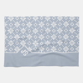 Weiße Blume gepolstertes Muster an der dunkelblaue Geschirrtuch