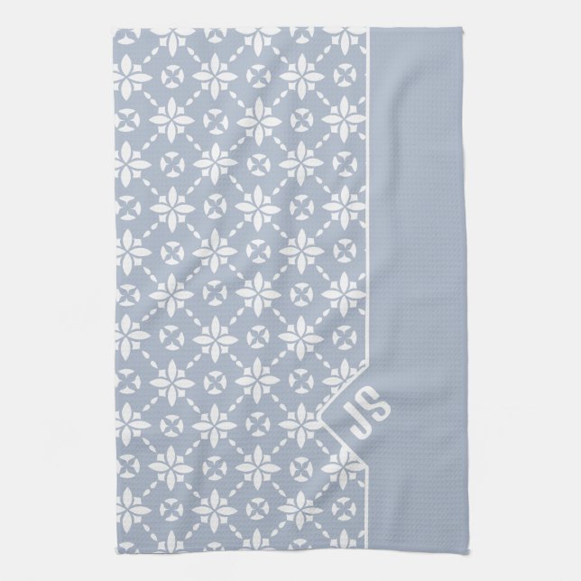 Weiße Blume gepolstertes Muster an der dunkelblaue Geschirrtuch (Vertikal)