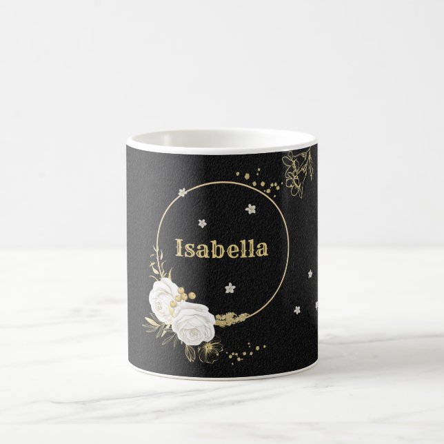 weiße Blume Gold Blätter schwarz Kaffeetasse (Mittel)