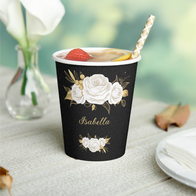 weiße Blume Gold Blätter schwarz Pappbecher (In Situ)