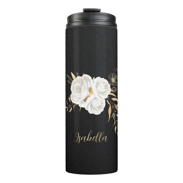weiße Blume Gold Blätter schwarz Thermosbecher (Vorderseite)