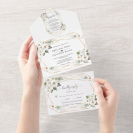 Weiße Blume Gold Rahmen Hochzeit All In One Einladung