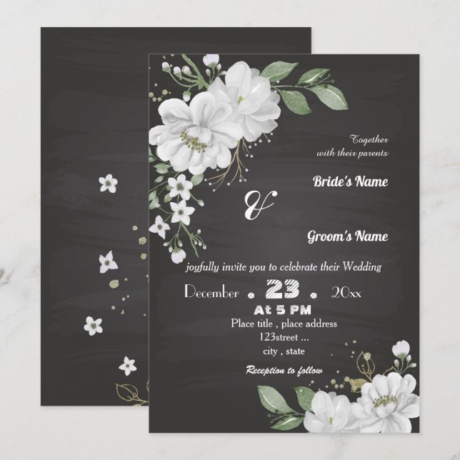 Weiße Blume, grüne Blätter schwarz Einladung (Vorne/Hinten)