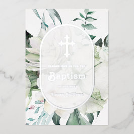 Weiße Blume Grüne Taufe Foil Einladung