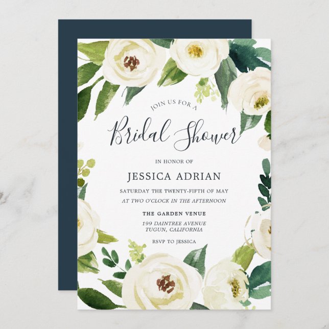 Weiße Blume Grünes Kranz Brautparty laden ein Einladung (Vorne/Hinten)