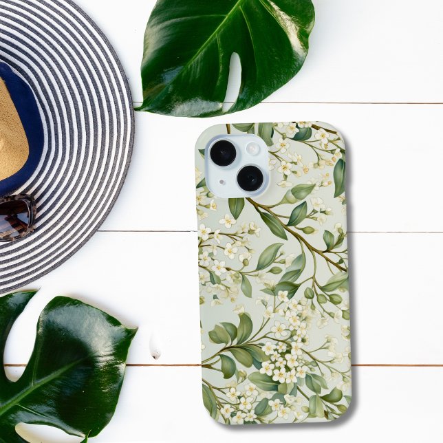 Weiße Blume Grünpflanzen Wasserfarbe Case-Mate iPhone Hülle (Green White Floral iPhone case)